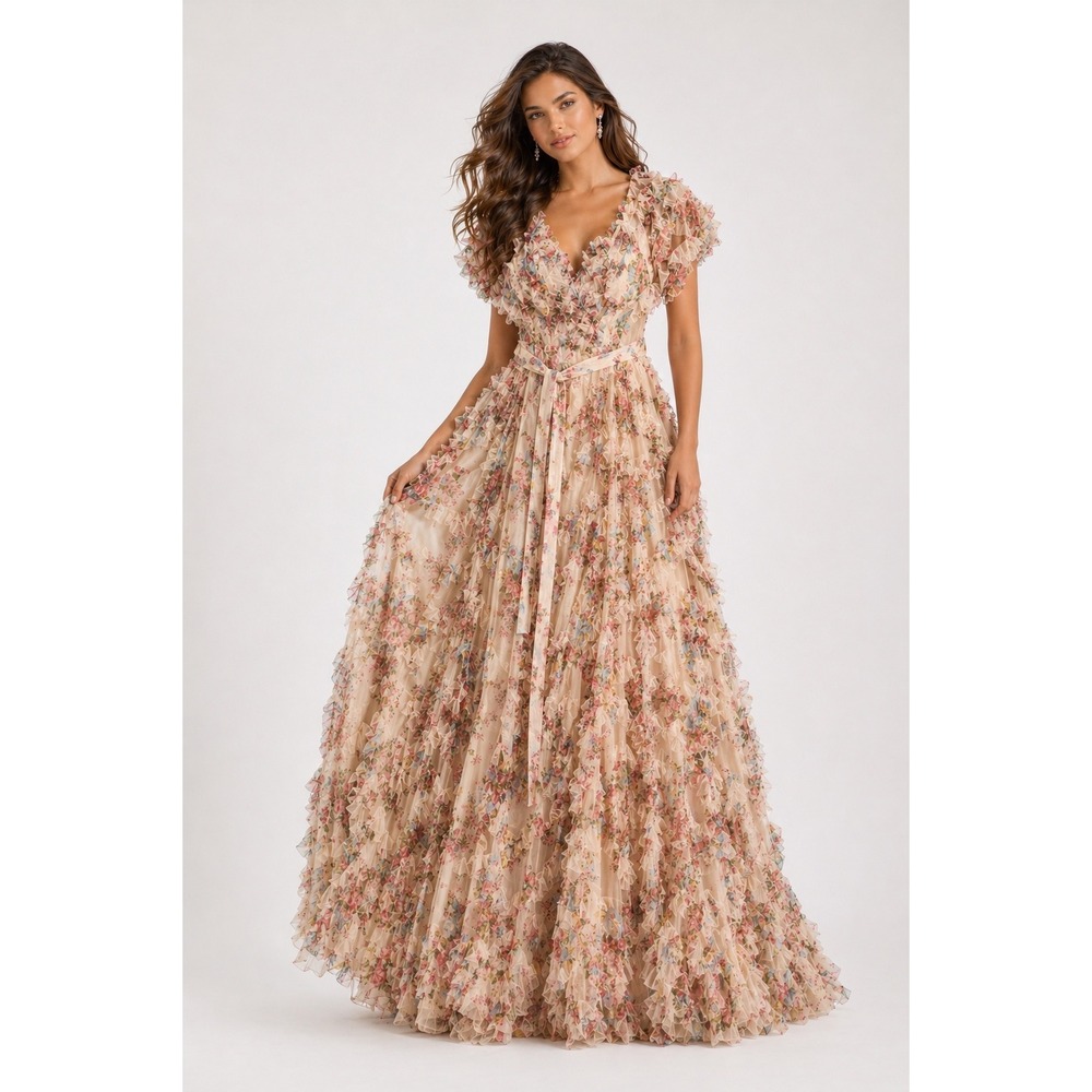 Floral Ruffle Tulle Gown V-Neck Flutter Sleeve Maxi Dress Pink Beige Multi New